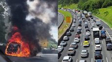Rodovia congestionada após resgate aéreo e veículo tomado pelas chamas. - Imagem: Reprodução/Piritubanet.
