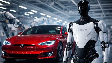 A ficção virou linha de produção? Tesla, robôs e o futuro sem aposentadoria - Imagem gerada por IA
