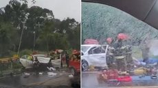 Equipes de resgate atuam no local da colisão na Rodovia Rio-Santos, onde três vítimas ficaram presas às ferragens após o impacto entre dois veículos, em Bertioga - Imagem: Reprodução/Redes Sociais