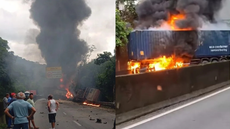 Carretas pegam fogo após engavetamento na Anchieta - Imagem: Reprodução