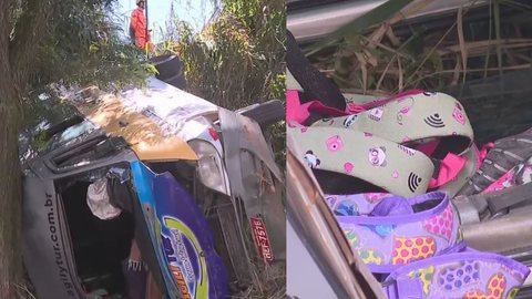 Uma van escolar perdeu o freio, caiu em uma ribanceira e colidiu com uma árvore, deixando 15 crianças feridas. - Imagem: reprodução I TV Globo