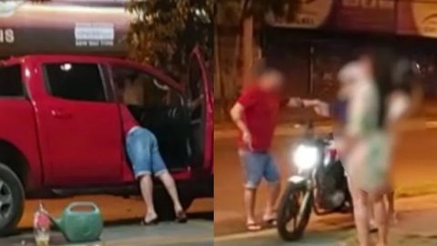 Homem é visto agredindo companheira dentro de caminhonete em posto de combustíveis - Imagem: reprodução/TV Globo