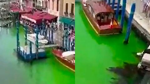 Canal de Veneza amanhece com água verde fluorescente e autoridades desvendam mistério - Imagem: reprodução redes sociais