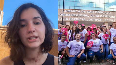 Manifestantes se reuniram em frente ao Fórum Regional de Alcântara, em São Gonçalo, durante a primeira audiência do caso Alana - Imagem: Reprodução