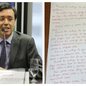 Artur Gomes da Silva Neto e a suposta carta escrita por ele que foi anexada ao pedido de prisão preventiva - Imagem: Reprodução/TV Globo