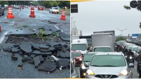 Cratera aberta após asfalto ceder na Avenida Afonso Descragnolle Taunay, próxima ao Complexo Maria Maluf, em São Paulo. - Imagem: Reprodução/TV Globo