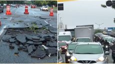 Cratera aberta após asfalto ceder na Avenida Afonso Descragnolle Taunay, próxima ao Complexo Maria Maluf, em São Paulo. - Imagem: Reprodução/TV Globo