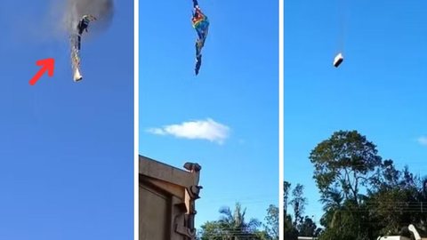 Um balão tripulado pegou fogo e caiu em Praia Grande, resultando em pelo menos oito mortes e dois sobreviventes - Imagem: Reprodução/ Redes sociais