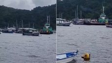 Momento em que a balsa desgovernada arrasta o barco na travessia entre Guarujá e Bertioga. Apesar do susto, não houve feridos - Imagem: Redes Sociais
