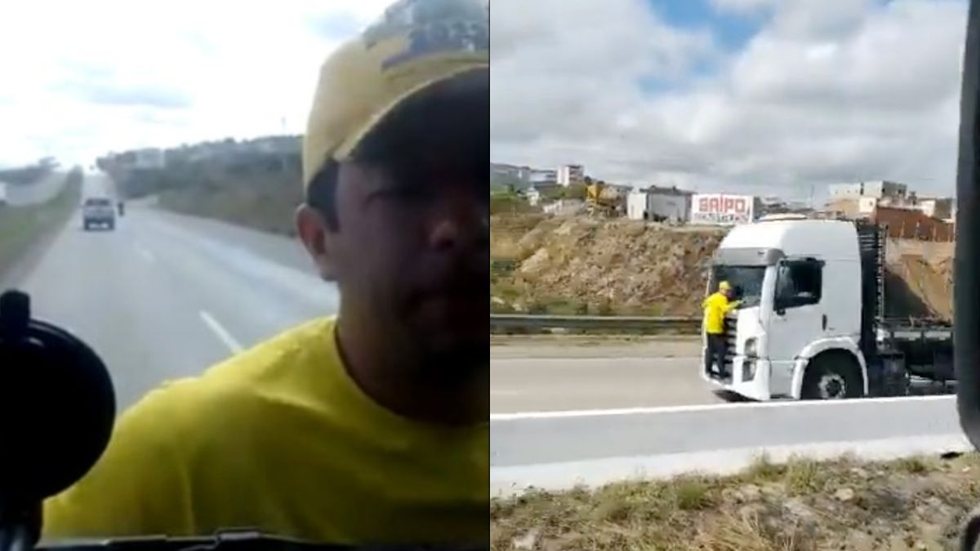Vídeo que mostra Bolsonarista pendurado em para-brisa de caminhão viraliza na web - Imagem: reprodução Twitter