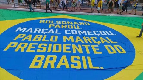 Faixa de Marçal para a presidência, em ato na Av. Paulista. - Imagem: Reprodução | Redes Sociais