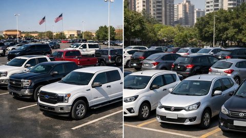 Nos Estados Unidos picapes e SUVs dominam as ruas e no Brasil prevalecem os compactos e econômicos. - Imagem: Reprodução.