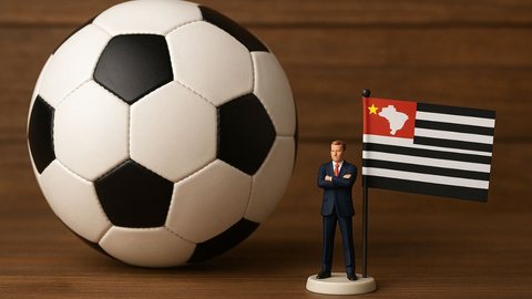 Bola de futebol ao lado de político em miniatura com bandeira de SP