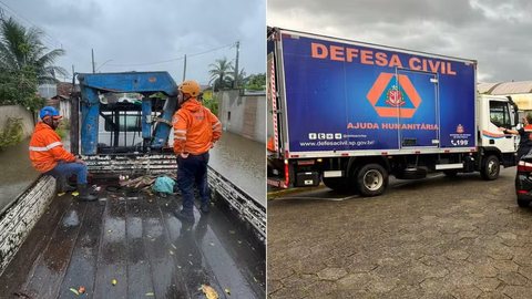 Alagamentos em Peruíbe após volume de chuva equivalente à média histórica de fevereiro em poucos dias. - Imagem: Reprodução/Defesa Civil de SP