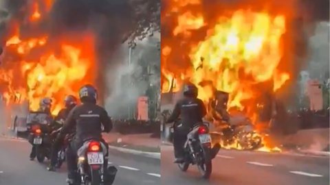Moto e ônibus pegaram fogo após acidente na Marginal Pinheiros nesta quinta-feira - Imagem: Reprodução / TV globo