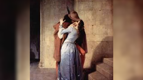 O Beijo, Francesco Hayez, 1859 - Intensidade romântica, despedida e risco atravessados pela história - Imagem: Arquivo:El Beso (Pinacoteca de Brera, Milán, 1859).