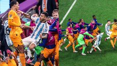 Nahuel Molina, da Argentina, é empurrado por jogadores da Holanda - Imagem: reprodução Instagram @433