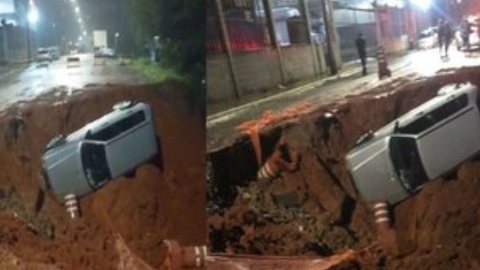Cratera se abre em Cajamar e engole carro durante a noite na Grande São Paulo - Imagem: Reprodução