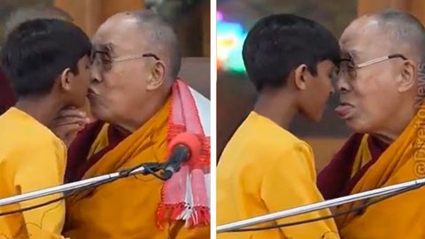VÍDEO - Dalai Lama pede para garoto 'chupar' sua língua e revolta web - Imagem: reprodução redes sociais