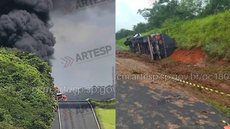 O acidente ocorreu na madrugada de sábado, com a carreta tombando e causando um incêndio - Imagem: Reprodução/Artesp