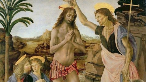 O Batismo de Cristo, de Andrea del Verrocchio e Leonardo da Vinci, c. 1475-1478. Detalhe do anjo tradicionalmente atribuído ao jovem Leonardo - Foto: Reprodução/Redes Sociais