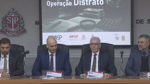 Autoridades do Governo de São Paulo, da Polícia Civil, da Secretaria da Fazenda e do Ministério Público apresentaram detalhes da Operação Distrato em coletiva de imprensa - Foto: Reprodução/TV Globo