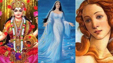 Lakshmi, a direita, é uma divindade do hinduísmo; Iemanjá, no meio, no Candomblé e Umbanda é associada à fertilidade, à maternidade e à proteção; O Nascimento de Vênus, de Sandro Botticelli, a esquerda: a mulher como musa inspiradora