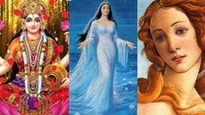 Lakshmi, a direita, é uma divindade do hinduísmo; Iemanjá, no meio, no Candomblé e Umbanda é associada à fertilidade, à maternidade e à proteção; O Nascimento de Vênus, de Sandro Botticelli, a esquerda: a mulher como musa inspiradora