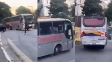 Imagens do incidente mostram o ônibus colidindo com veículos e a fachada do salão - Imagem: Reprodução / Redes Sociais