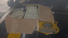 Dinheiro em espécie apreendido pela Polícia Rodoviária Federal durante abordagem na Rodovia Fernão Dias - Imagem: Reprodução / PRF