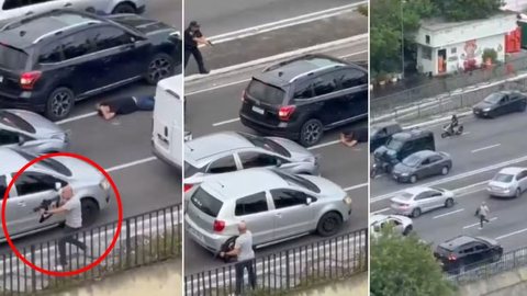 Um policial civil foi flagrado atirando contra suspeitos de uma quadrilha em São Paulo, resultando na prisão de seis indivíduos. - Imagem: Reprodução | Redes Sociais