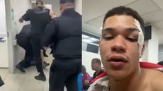 No vídeo compartilhado pelo jovem, três seguranças o cercam e desferem chutes enquanto ele está no chão - Imagem: Reprodução / Instagram / @djlisboa011