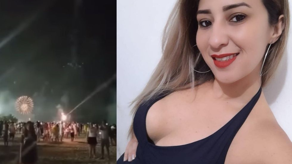 Elisangela é a mulher que teve o rojão grudado no corpo e foi morta pela explosão, durante o Réveillon na Praia Grande (SP). - Imagem: reprodução I Youtube canal UOL e Instagram @elisangelatinem