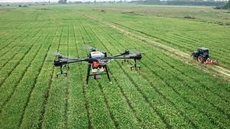 Utilização de drone para pulverização em lavoura  Este é um trecho original publicado em Exame.com. Leia a matéria completa em https://exame.com/agro/valor-da-producao-agropecuaria-de-sao-paulo-em-2022-deve-alcancar-r-156-bilhoes/?utm_source=copiaecola&utm - Imagem: Divulgação / Secretaria de Agricultura de São Paulo