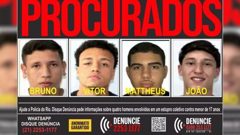 Portal dos Procurados divulgou cartaz dos quatro jovens denunciados pelo crime - Imagem: Divulgação / Disque Denúncia