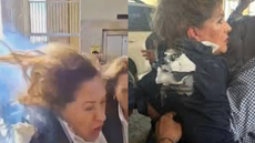 Deputada Gladis Aurora López momentos antes de ser atingida por um explosivo durante protesto, em Tegucigalpa - Imagem: Reprodução
