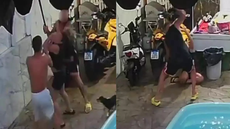 Câmeras de segurança flagraram o momento em que homem ataca esposa e enteado com facão dentro de casa no litoral de SP - Imagem: Reprodução