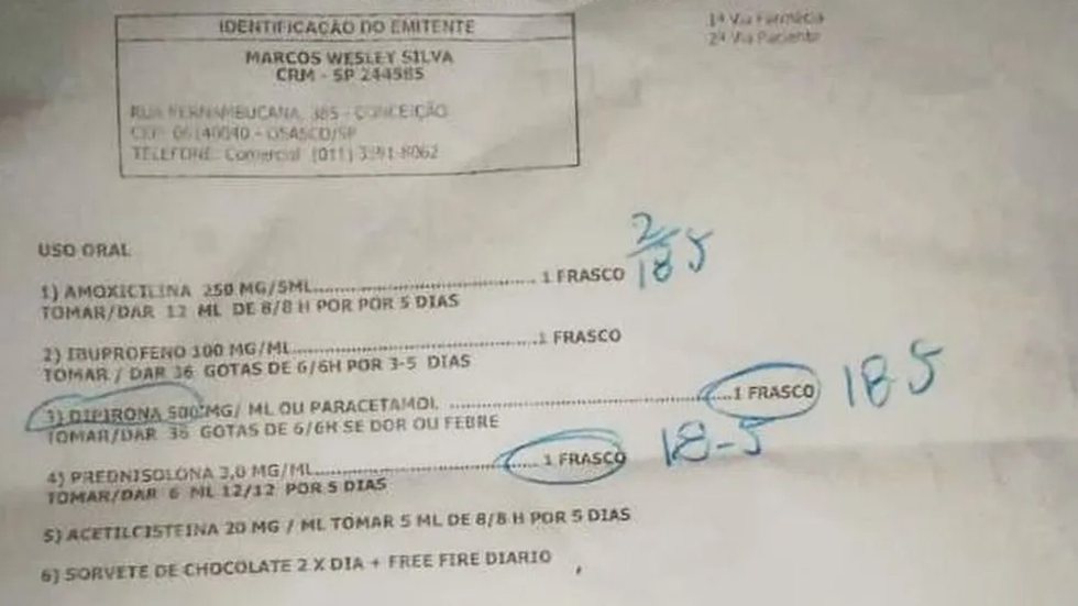 A mãe da criança divulgou a receita médica estranha - Imagem: reprodução/TV Globo