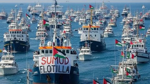 A missão enfrenta ataques e condições meteorológicas adversas, mas continua firme na busca por dignidade e justiça para Gaza - Imagem: Reprodução / X / @Azfarheri