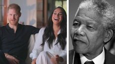 Harry, Meghan e Nelson Mandela. - Imagem: Reprodução - Netflix | Divulgação - ONU.