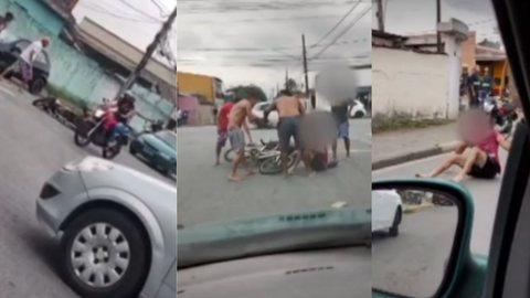 Um homem foi espancado até desmaiar no meio da rua em Guarujá. - Imagem: reprodução I G1
