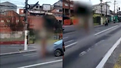 Um homem não identificado foi flagrado nas ruas da zona sul da capital paulista sem roupas e cometendo agressões. - Imagem: reprodução I Metrópoles