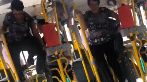 Vídeo viraliza após mostrar idosa pulando de catraca de ônibus para fugir de briga; assista - Imagem: reprodução Twitter