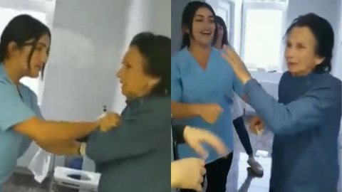 Uma idosa estava sendo agredida enquanto outras pessoas filmavam e riam. - Imagem: reprodução I Twitter