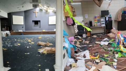Nos Estados Unidos, uma igreja foi destruída por um tornado, mas as 70 pessoas presentes saíram ilesas. - Imagem: reprodução I Site Gospel Prime