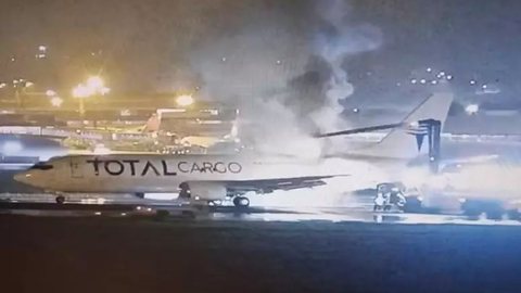 Avião de carga sofre princípio de incêndio e faz pouso de emergência em Guarulhos - Imagem: Reprodução | Câmeras de segurança