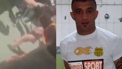 O jogador de futebol Nizar Issaoui, da Tunísia jogou fogo em seu próprio corpo enquanto gravava um vídeo. - Imagem: reprodução I Twitter e R7