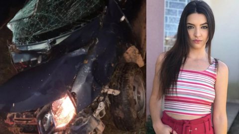 Na foto à esquerda o estado que o carro ficou, na imagem à direita, Pamela, que comemorava seu aniversário de 19 anos antes do acidente - Imagem: reprodução PRF / redes sociais