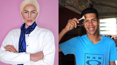 Felipe Máximo Dias de Oliveira, de 18 anos, com e sem a caracterização de Ken - Imagem: reprodução: Instagram @felipe_adam