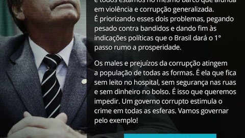 Bolsonaro diz que governo corrupto estimula o crime e que vai ‘governar pelo exemplo’